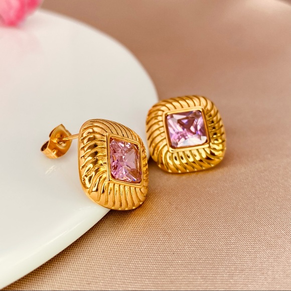 18K Gold Square Cut Pink CZ Dimensional Stud Earrings - Picture 3 of 8